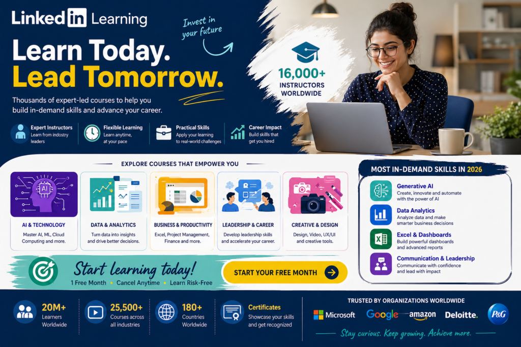 LinkedIn Learning dashboard showing online courses and career paths